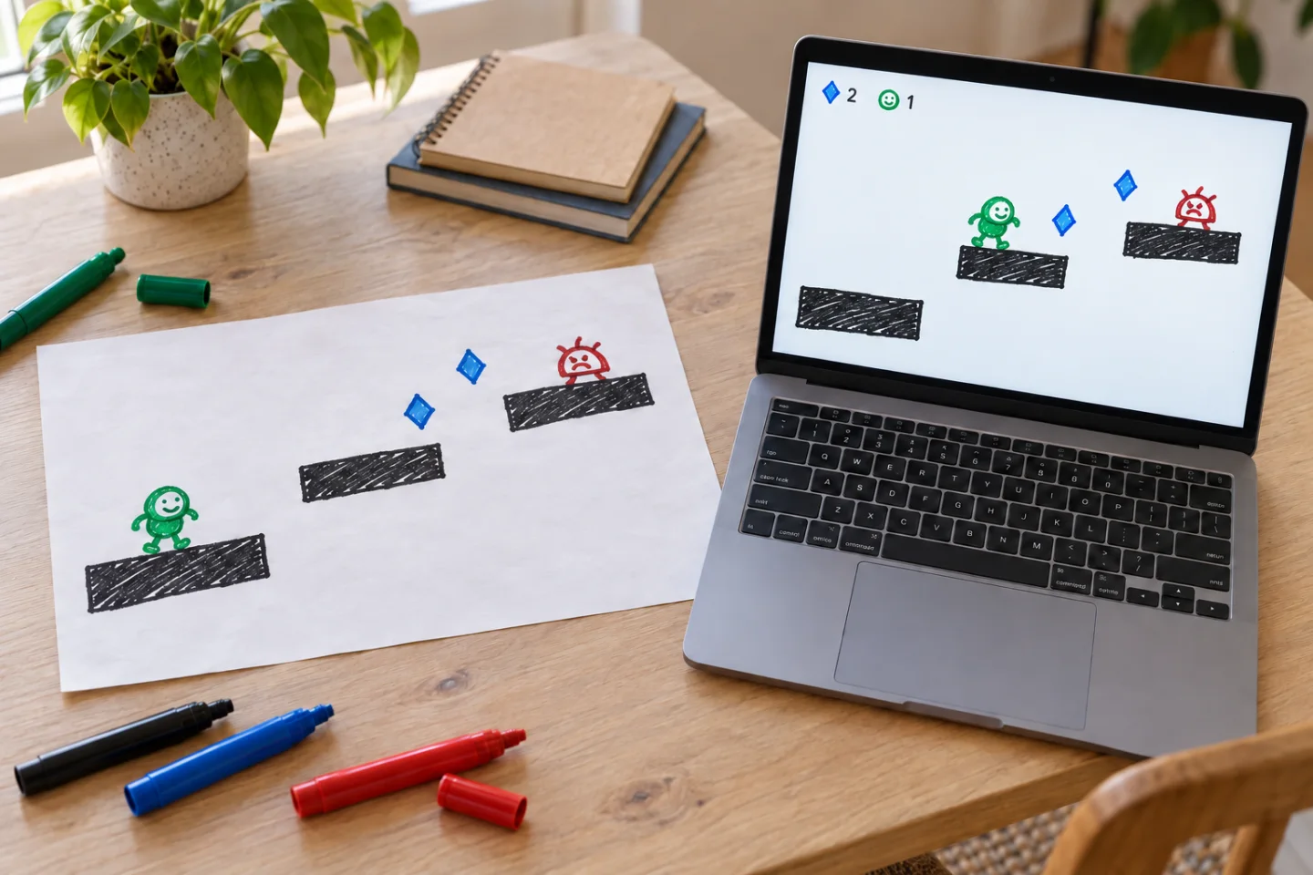 One hand-drawn platformer on paper beside a laptop playing the same green hero and black marker platforms